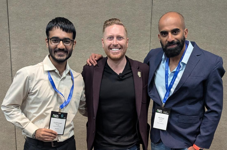 Sukhman, Macdonald, and Sukhman’s mentor Akshay Gulati at SocialWest in 2025